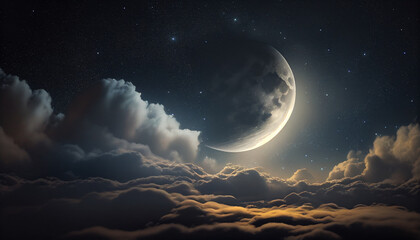 Naklejka na ściany i meble A crescent moon and a full moon in a cloudy night sky, Generative AI
