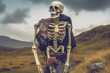 Skeleton man going on an adventure in the hills of Ireland