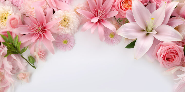Banner template with flowers on the edges on white background. Picture frame with flowers for spring greeting card or invitation. Generative AI photo imitation.