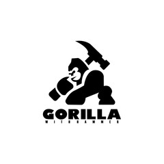 Gorilla and hammer negative space logo vector icon illustration