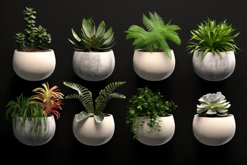 Homemade green plants in pots standing in a row isolated on black background clipart. Growing succulents for home garden. Generative AI 3d render illustration.