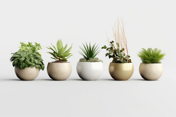 Homemade green plants in round pots standing in a row isolated on white background clipart. Growing succulents for home garden. Generative AI 3d render illustration.