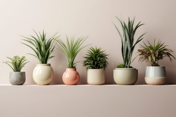 Homemade green plants in pots standing in a row isolated on beige wall background. Growing succulents for home garden. Generative AI 3d render illustration.