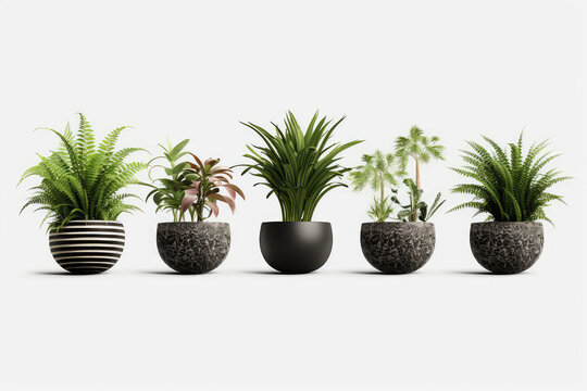 Homemade green plants in black pots standing in a row isolated on white background clipart. Growing succulents for home garden. Generative AI 3d render illustration.