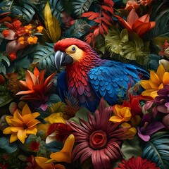Exotic Flora and Fauna, vivid visuals showcasing tropical plants, vibrant flowers, and fascinating wildlife, such as colorful birds, exotic. generative ai