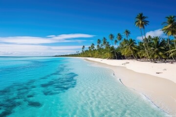 Beautiful sandy beach with turquoise ocean water, green palms. Generative AI