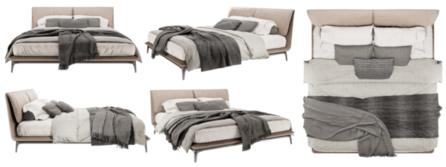 Bed, Bedroom, isometric bed, bed with pillows mockup, top view, font view, side view, isolated,perspective, rendering	
