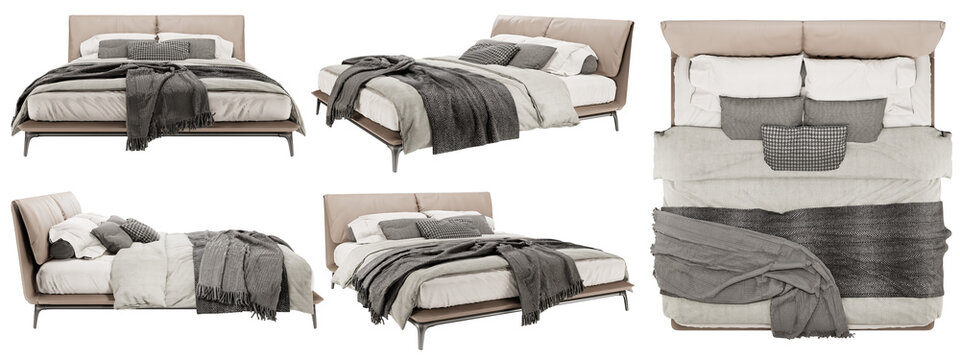 Bed, Bedroom, isometric bed, bed with pillows mockup, top view, font view, side view, isolated,perspective, rendering	
