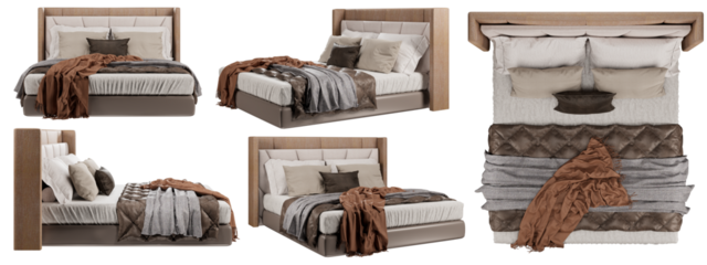 Bed, Bedroom, isometric bed, bed with pillows mockup, top view, font view, side view, isolated,perspective, rendering	
