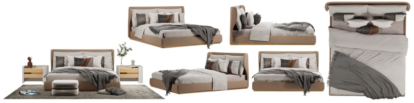 Bed, Bedroom, isometric bed, bed with pillows mockup, top view, font view, side view, isolated,perspective, rendering	
