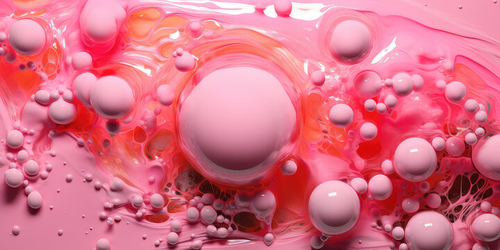 Texture of pink liquid paint with bubbles view from above. Pattern of bright pink liquid surface. Closeup of the bubbling paint. Generative AI photo imitation.