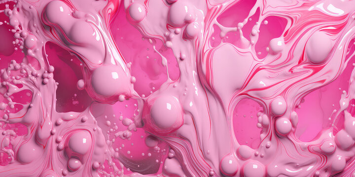 Texture of pink liquid paint with bubbles overhead view. Pattern of bright pink liquid surface. Closeup of the bubbling paint. Generative AI photo imitation.