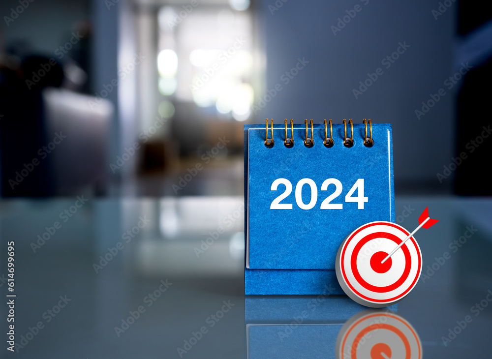 Aufkleber happy new year 2024 background. 3d target icon on blue small desk calendar standing with 2024 year n
