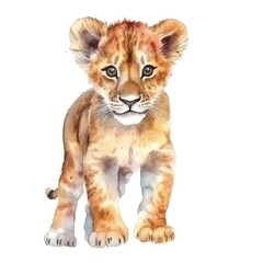 Fototapeta na wymiar Cute lion baby african jungle safari animal, watercolor illustration