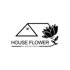 Rose flower illustration with home logo design template