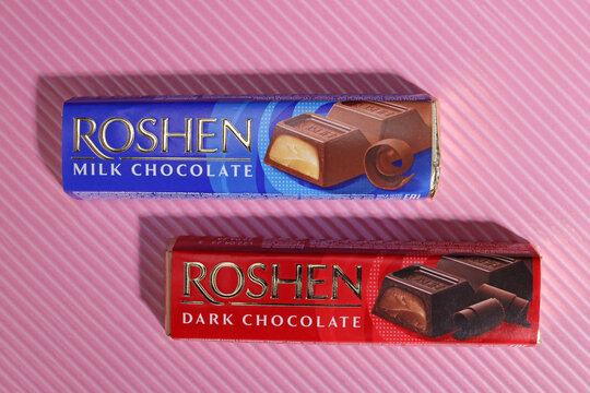 Magdalinovka, Ukraine - June 08, 2022. Roshen chocolate bars