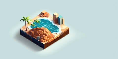 Tropical island with sea and beach in isometric cartoon style. Banner template on a pastel blue background with copy space. Generative AI 3d render illustration imitation.