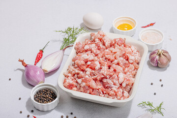 Raw minced meat, spices and herbs. Traditional ingredients for cooking cutlets or meatballs