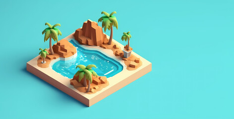 Obraz na płótnie Canvas Tropical island with sea and beach in isometric cartoon style. Banner template on a blue background with copy space. Generative AI 3d rendering illustration imitation.