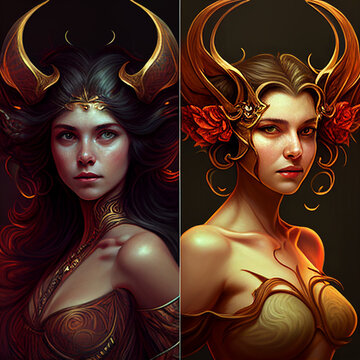Generative AI: two horned goddesses in the art nouveau style 