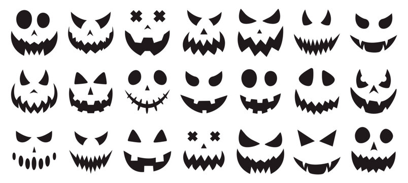Vector set of scary pumpkin faces. Spooky faces icons. Vector illustration