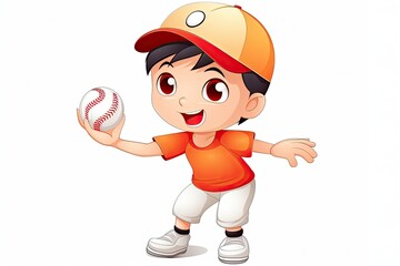 Illustration of a happy boy playing baseball isolated on white background. Generative AI