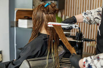 Professional hairdresser straightening long hair using straightener. Hair keratin.