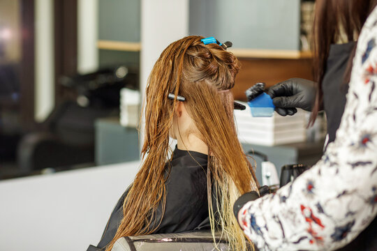 Hairdresser applies color to long hair. Young woman in beauty salon. Image change concept, hair care