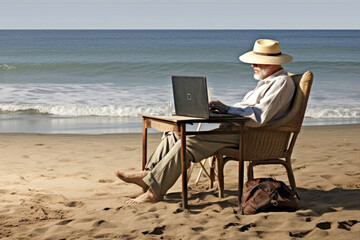 An old man sitting in his chair and working on his laptop on the beach sand Generative AI Illustration