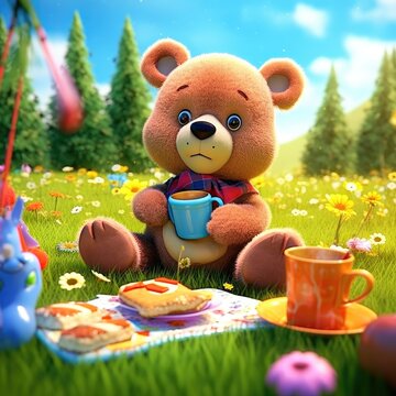 A cute teddy bear in its picnic in a colorful meadow Generative AI Illustration