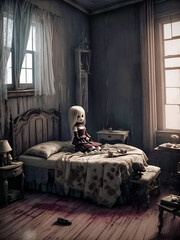A scary doll on a bed