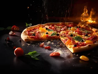 Zelfklevend Fotobehang Pizza with pizza slice and food pieces floating in the air on yellow background © STORYTELLER