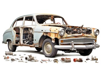 Disassembled car on white background Generative AI