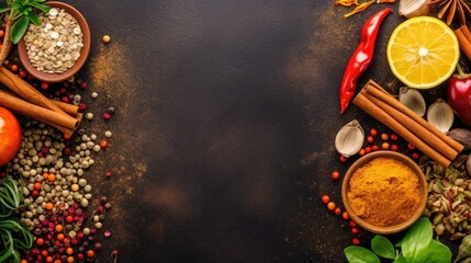 Colorful culinary background with spices and herbs in bowls, top view