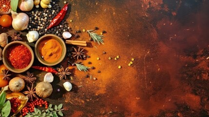 Fototapeta na wymiar Colorful culinary background with spices and herbs in bowls, top view