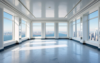 High-rise office real estate property.  A well-lit space positioned in the midst of New York, USA. The room features a bright white ceiling, affording a splendid view of the city.  Generative AI