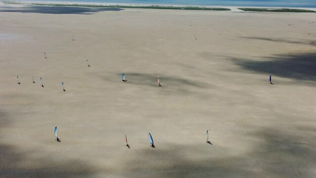 Aerial Shot of Blokarts on Sonderstrand Beach in Romo, Denmark. 4K Drone Footage