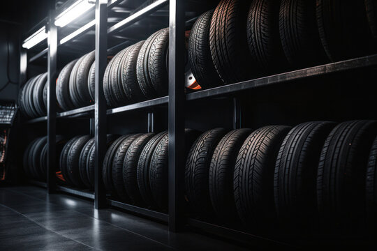 A selection of new, high-quality car tires are seen here in a warehouse, each one waiting to be chosen for use on a vehicle. This stunning image is brought to you by AI Generative technology.