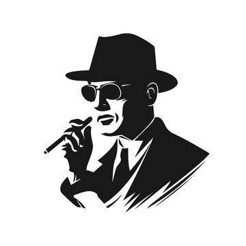 Silhouette of a mysterious man in a hat with a mustache and a cigarette in glasses. Retro style vector illustration of noir gentleman in coat. Mafia icon symbol logo isolated on white background
