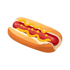 Vector illustration cartoon flat style delicious appetizing hotdog hot dog sandwich with sausage mustard greens isolated on white sticker design bun with sausage fast food snack