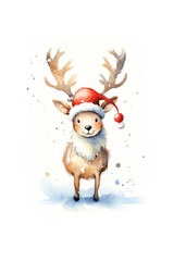 Watercolor cartoon deer with red hat in winter snow forest Generative AI