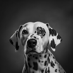Studio shot with cute dalmatian dog portrait with the curiosity and innocent look as concept of modern happy domestic pet in ravishing hyper realistic detail by Generative AI.