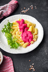 beet sauce pasta beetroot vegetable fresh food vegan meal food snack vegetarian food on the table copy space food background rustic top view