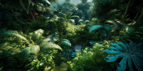 Fototapeta na wymiar Foliage of the Green Forest Highlighting the foliage, which includes leaves and other plant elements, that flourishes in the lush greenery of the forest generative AI.