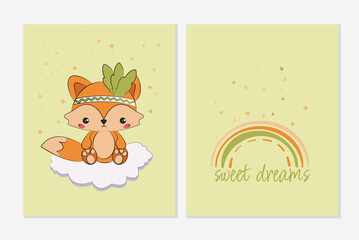 cute cartoon fox sitting on the cloud poster on a green background. Sweet dreams qoute.Cartoon doodle animal characters. Cute baby fox nursery vector posters set. nursery kids wall room posters interi