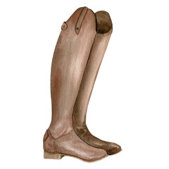 Watercolor illustration of equestrian equipment brown leather boots, ammunition and accessories for horse riding. Isolated. © dakora