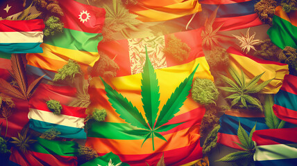 Fototapeta na wymiar Cannabis leaf in front of flags of the world | Generative AI