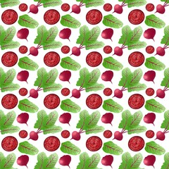Watercolor pattern, beet slice pattern, leaf, white background, pattern for packaging menu design, pattern for fabric, toys ,seamless pattern 