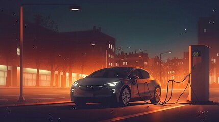 Fototapeta na wymiar Electric car at charging station in city. EV concept. Vector illustration
