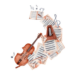 Watercolor musical background with violin, bow, notes, treble and bass clef, metronome and sheet music. Hand drawn illustration design element © Svetlana